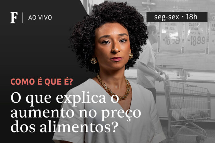A imagem apresenta uma mulher com cabelo cacheado e uma blusa branca, olhando diretamente para a câmera. Ao fundo, uma fotografia de um homem empurrando um carrinho de supermercado. O texto na imagem diz: 