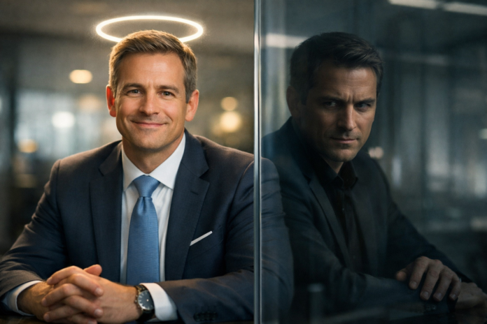 20260109_1215_Image Generation_simple_compose_01kehn6c2hef7r6tmaz7gb1tmt Executivo de aparência cordial e confiante em ambiente corporativo, com um halo de luz sobre a cabeça, enquanto seu reflexo no vidro revela uma expressão sombria e calculista, simbolizando reputação performática e intenção oculta nos negócios.