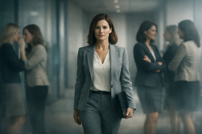 Mulher executiva caminha com postura firme em ambiente corporativo, enquanto outras mulheres ao fundo conversam de forma velada, sugerindo intimidação silenciosa e disputa reputacional no local de trabalho.