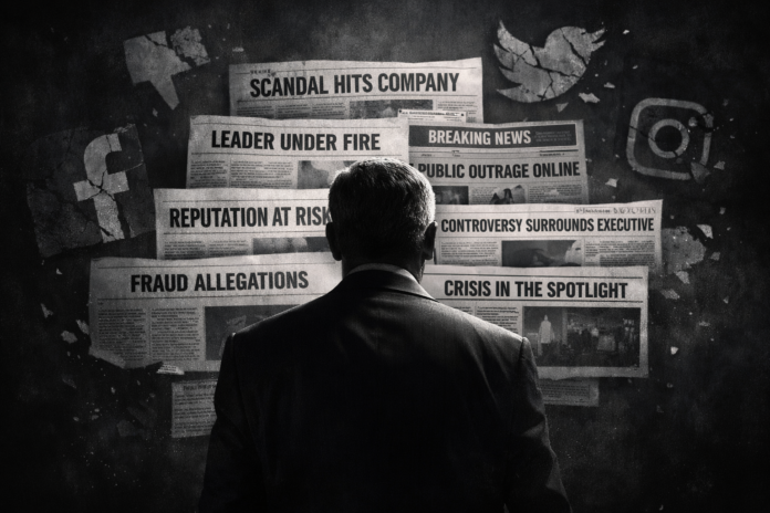 Homem de costas diante de manchetes de jornais sobre crise, escândalo e risco à reputação, simbolizando a exposição pública de líderes e empresas em tempos de julgamento midiático.
