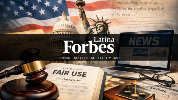 “Ilustração conceitual sobre fair use e legislação americana aplicada ao jornalismo digital, com símbolos do direito autoral, liberdade de imprensa e Constituição dos Estados Unidos.”