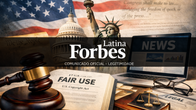 “Ilustração conceitual sobre fair use e legislação americana aplicada ao jornalismo digital, com símbolos do direito autoral, liberdade de imprensa e Constituição dos Estados Unidos.”