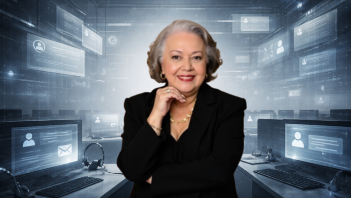 Mulher madura em destaque diante de um ambiente tecnológico impessoal, simbolizando o contraste entre presença humana e desumanização digital no atendimento.