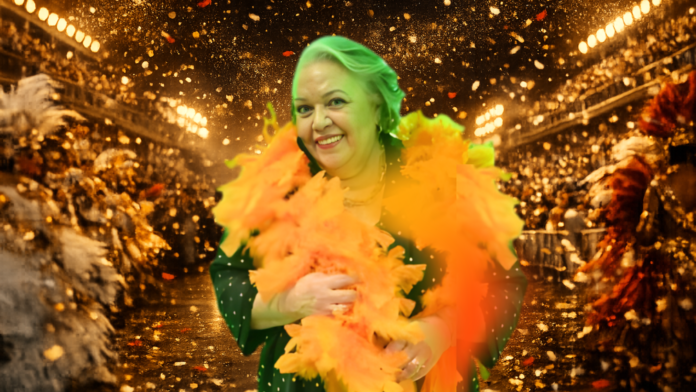 Myrinha Vasconcellos sorrindo em destaque na avenida do Carnaval, usando plumas amarelas vibrantes, com confetes dourados caindo e arquibancadas iluminadas ao fundo.