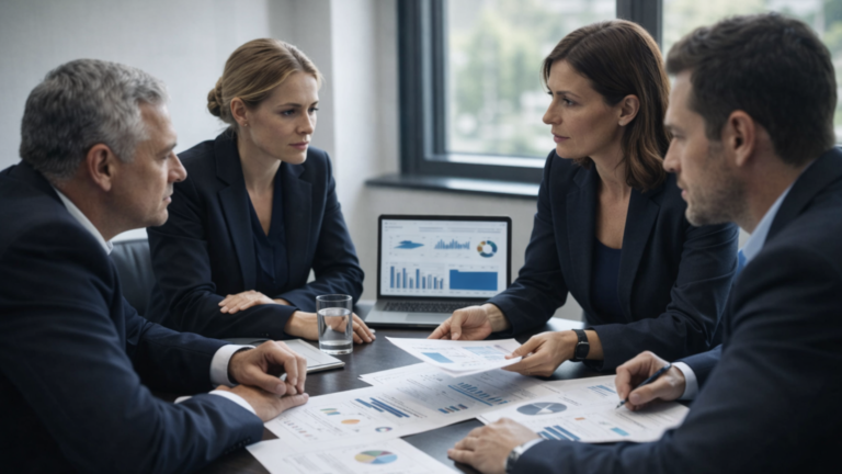 Executivos analisando relatórios e discutindo dados comportamentais em reunião corporativa