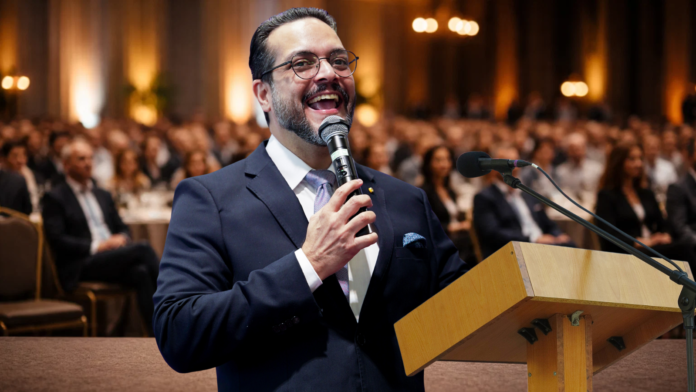 MC (1) Mestre de cerimônias conduzindo evento corporativo com microfone em um auditório cheio, público ao fundo desfocado e ambiente elegante.