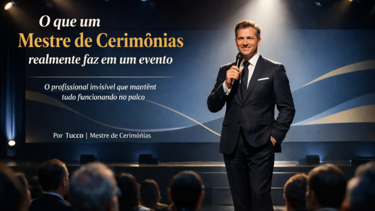 Mestre de cerimônias apresentando evento corporativo em um palco iluminado, segurando microfone diante de plateia, com título sobre o papel do mestre de cerimônias em eventos.