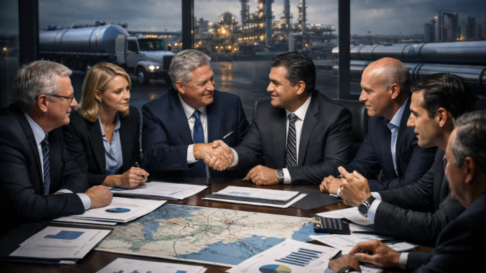 Menezes (3) Executivos do setor de combustíveis reunidos em negociação estratégica com refinaria e caminhão-tanques ao fundo.