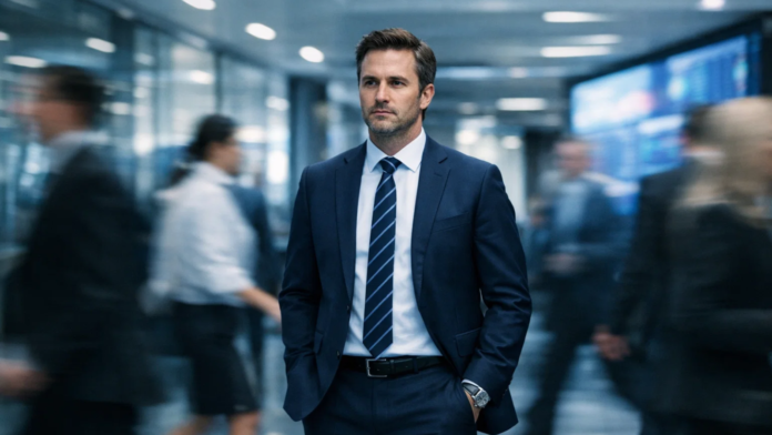 Mirella (2) Executivo parado em ambiente corporativo enquanto pessoas ao redor passam em movimento acelerado