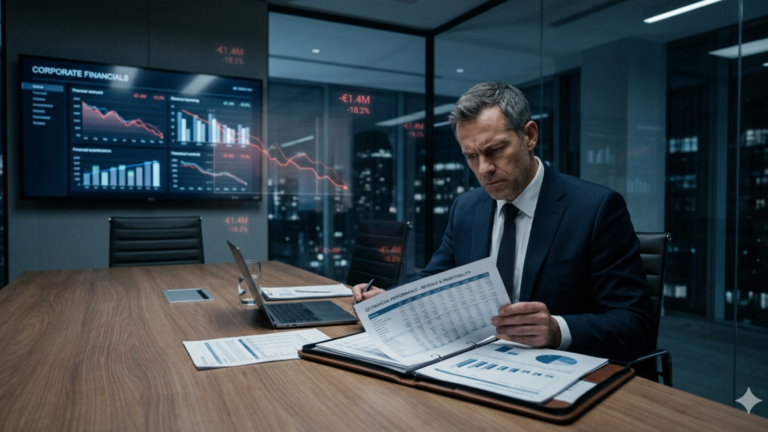 Executivo analisando relatórios financeiros em sala de reunião enquanto gráficos ao fundo indicam queda e prejuízos ocultos