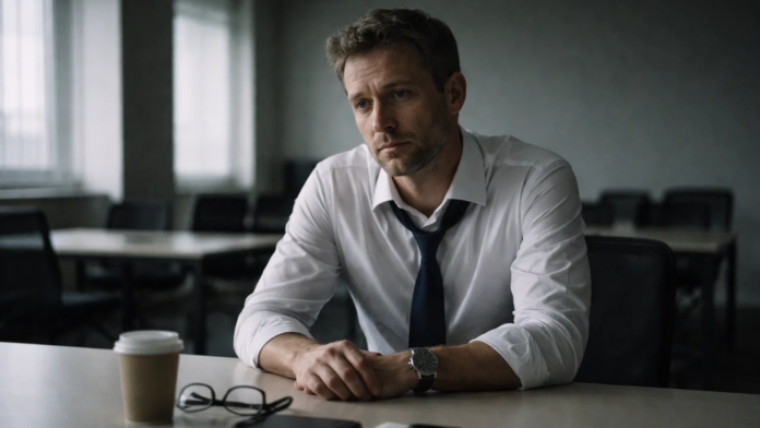 Mirella (2) Executivo sozinho em sala de reunião vazia, com expressão pensativa e gravata afrouxada, refletindo sobre carreira e autoridade fora do ambiente corporativo