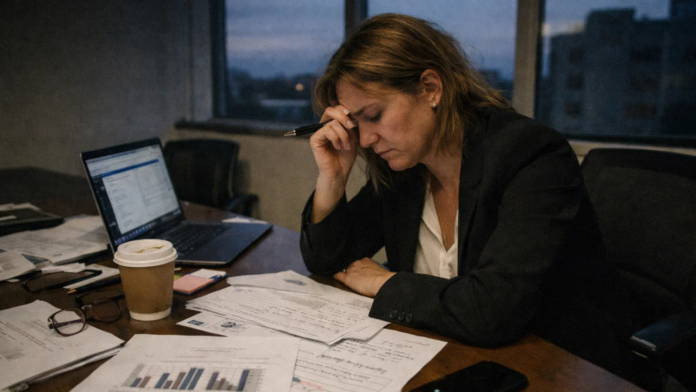 Mirella (3) Executiva analisa documentos e relatórios financeiros em sala de reunião no fim do dia, com expressão de pressão e concentração