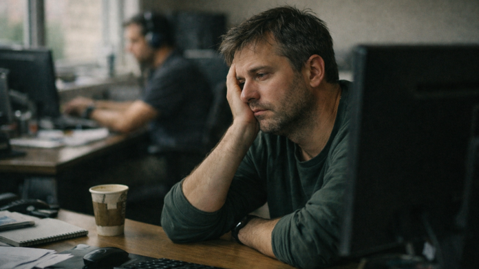 Sylvia Colaborador com expressão de exaustão apoiado na mesa de trabalho, em ambiente corporativo silencioso e desconectado