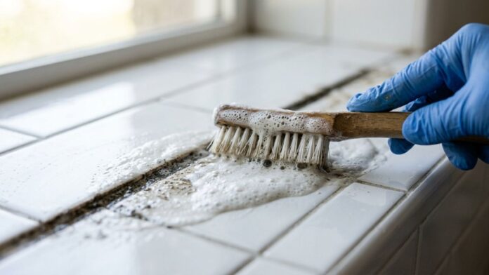 Como limpar o lodo rosa acumulado nos cantos do rejunte do chuveiro: veja como deixá-lo branco de novo usando uma escova de dentes e pasta de bicarbonato com água oxigenada
